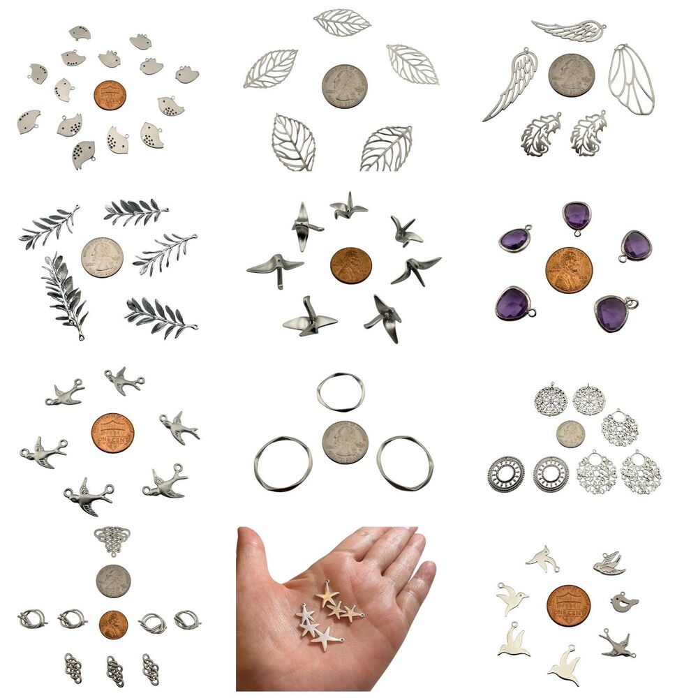 Charm Jewelry Starter Kit - 72 Rhodium Plated Charms - Birds - Plants - Abstract